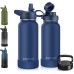 CIVAGO 32 oz Insulated Water Bottle With Straw, Stainless Steel Sports Water Cup Flask with 3 Lids (Straw, Spout and Handle Lid), Wide Mouth Travel Thermal Mug, Navy Blue
