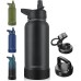 CIVAGO 32 oz Insulated Water Bottle With Straw, Stainless Steel Sports Water Cup Flask with 3 Lids (Straw, Spout and Handle Lid), Wide Mouth Travel Thermal Mug, Black